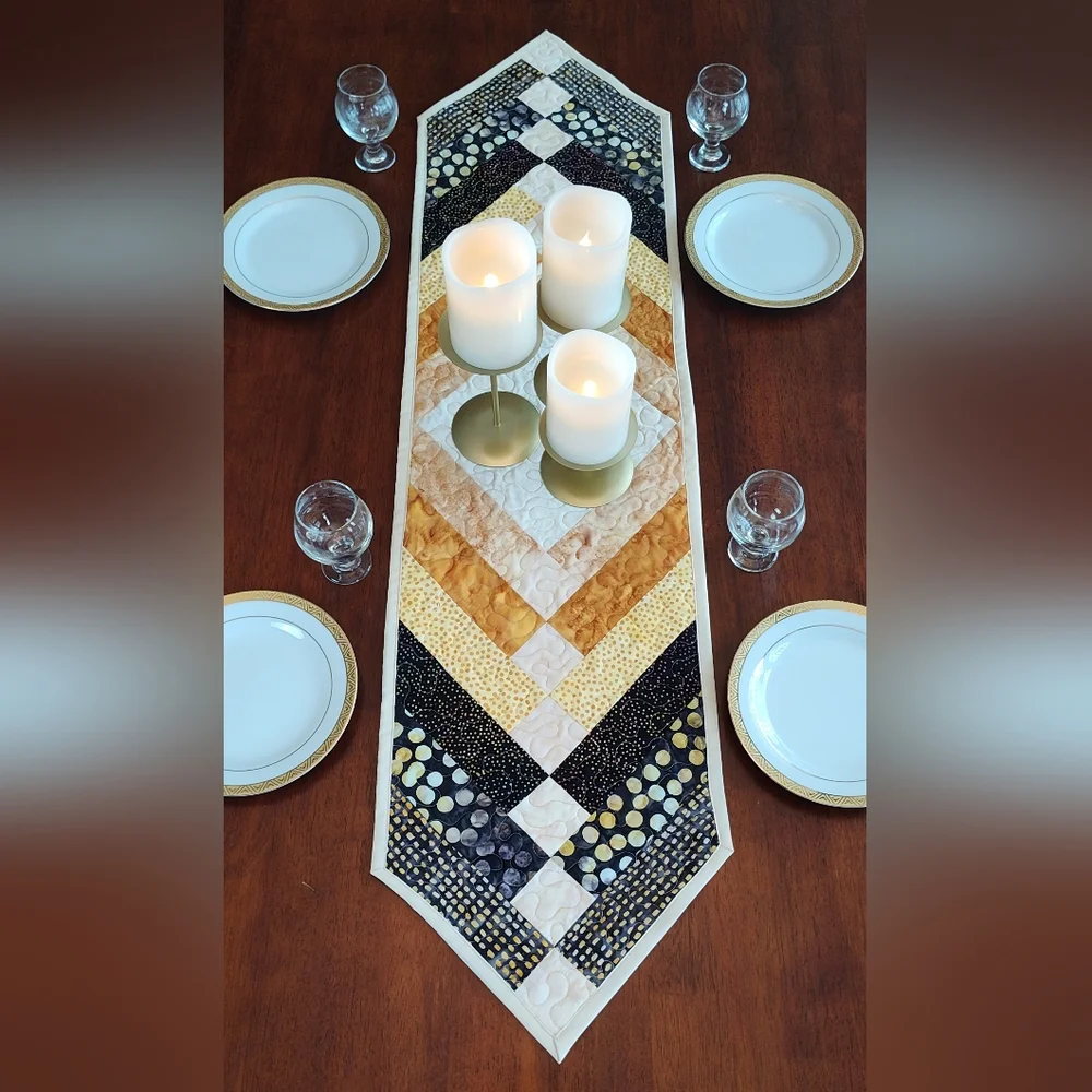 Beautiful Black & Gold! NEW HANDMADE Quilted Batik Table Runner -  12 X 46" - Picture 4 of 10